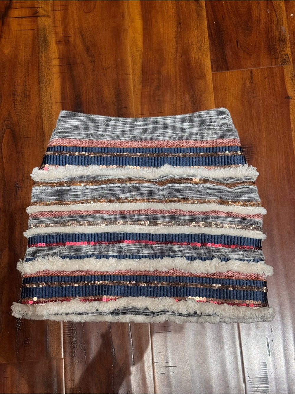 Moulinette Soeurs Striped Textured Mini Skirt with Sequins - Gray & Navy, Size 0
